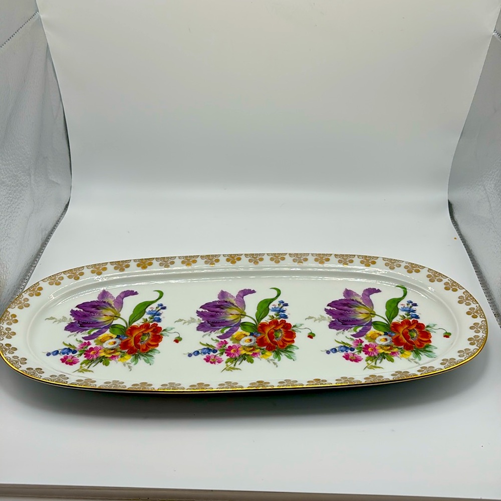 Gloria fine porcelain Bavaria Bayreuth 22K gold edge floral rectangular tray